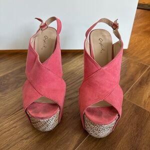 Qupid Coral Pink Suede Crisscross Platform Slingbacks
